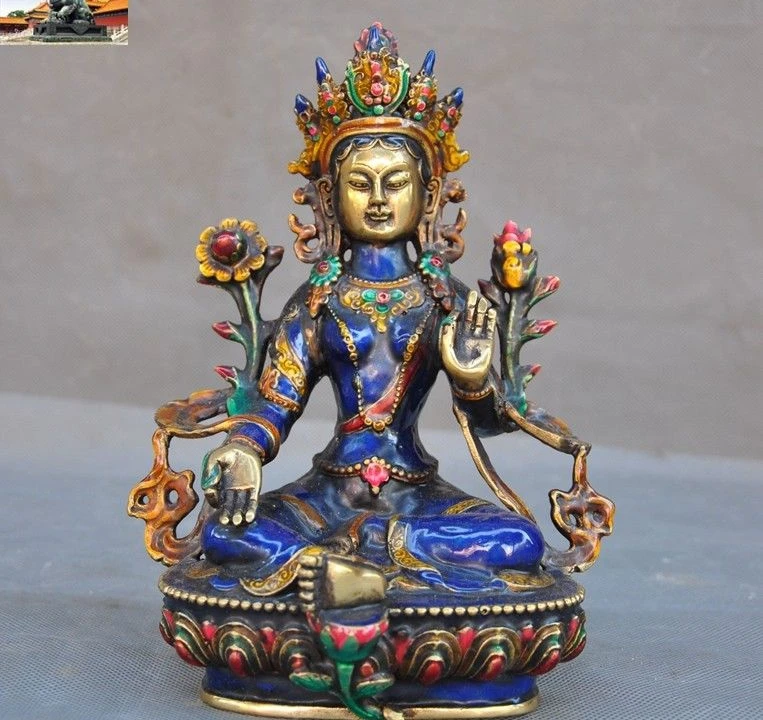 8 &quotтибетские бронзовые Перегородчатые Позолоченные Зеленые Tara Kwan Yin статуя