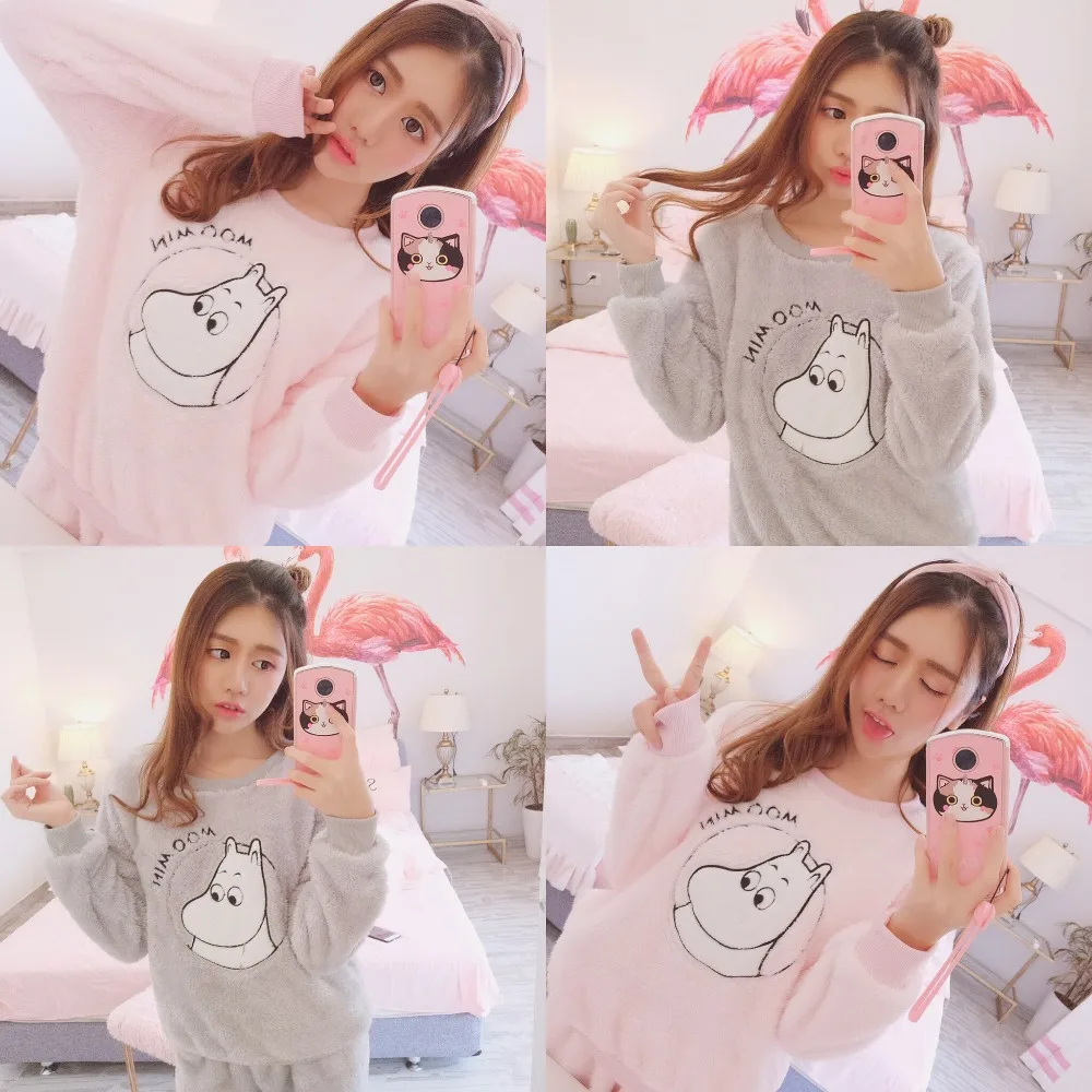 

Moomin Winter Thick Warm Women Pyjamas Sets Coral Velvet Suit Flannel Long Sleeve Female Cartoon Bear Animal Sleepwear Moomin