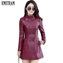 Двубортная длинная куртка из искусственной кожи, Женская куртка с воротником-стойкой Jaqueta Couro Feminina, осенне-весеннее пальто из искусственной кожи, KMETRAM YJZ175