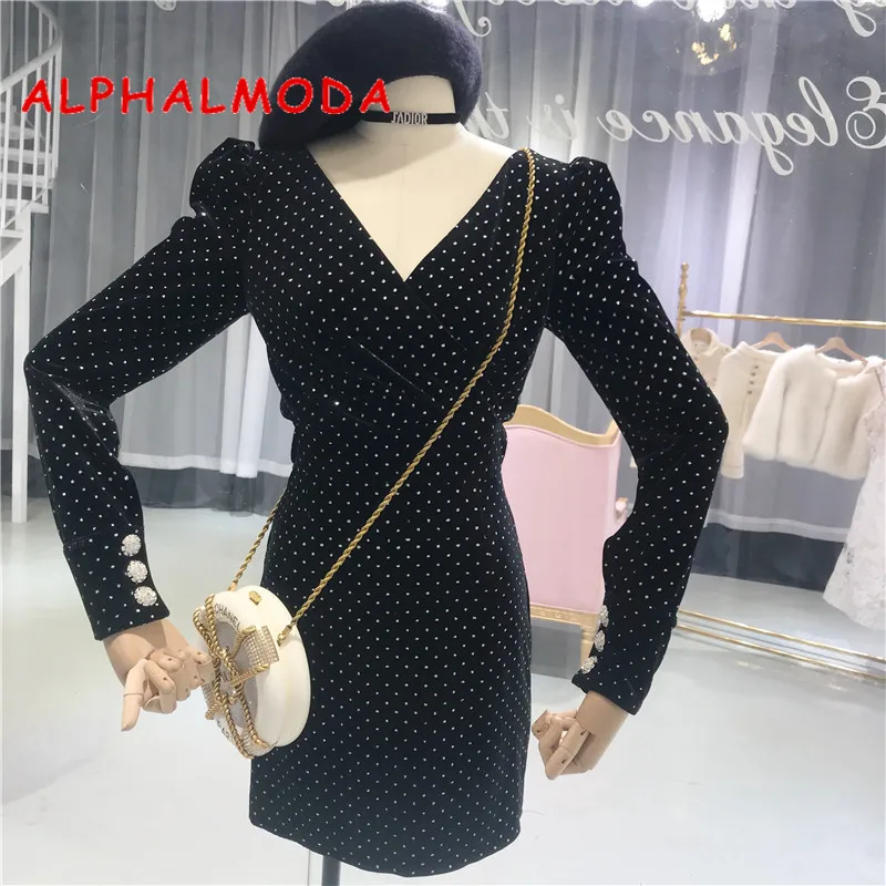 

ALPHALMODA 2018 New Model Autumn Winter Women's Costume V-neck Diamond Buttons Puff Sleeve Pleated Sexy Party Velvet Dress