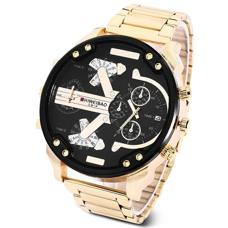 dz style military watches for men dual tiome zones golden steel band cool big case mens watches quartz wrist watch man (2)
