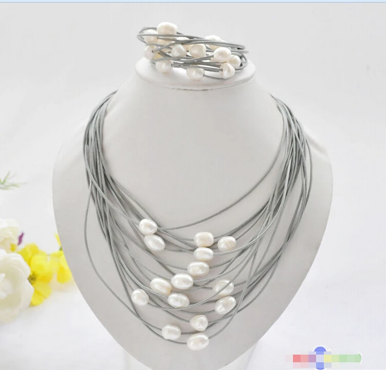 

*******15row 13mm white rice pearl gray leather necklace & bracelet