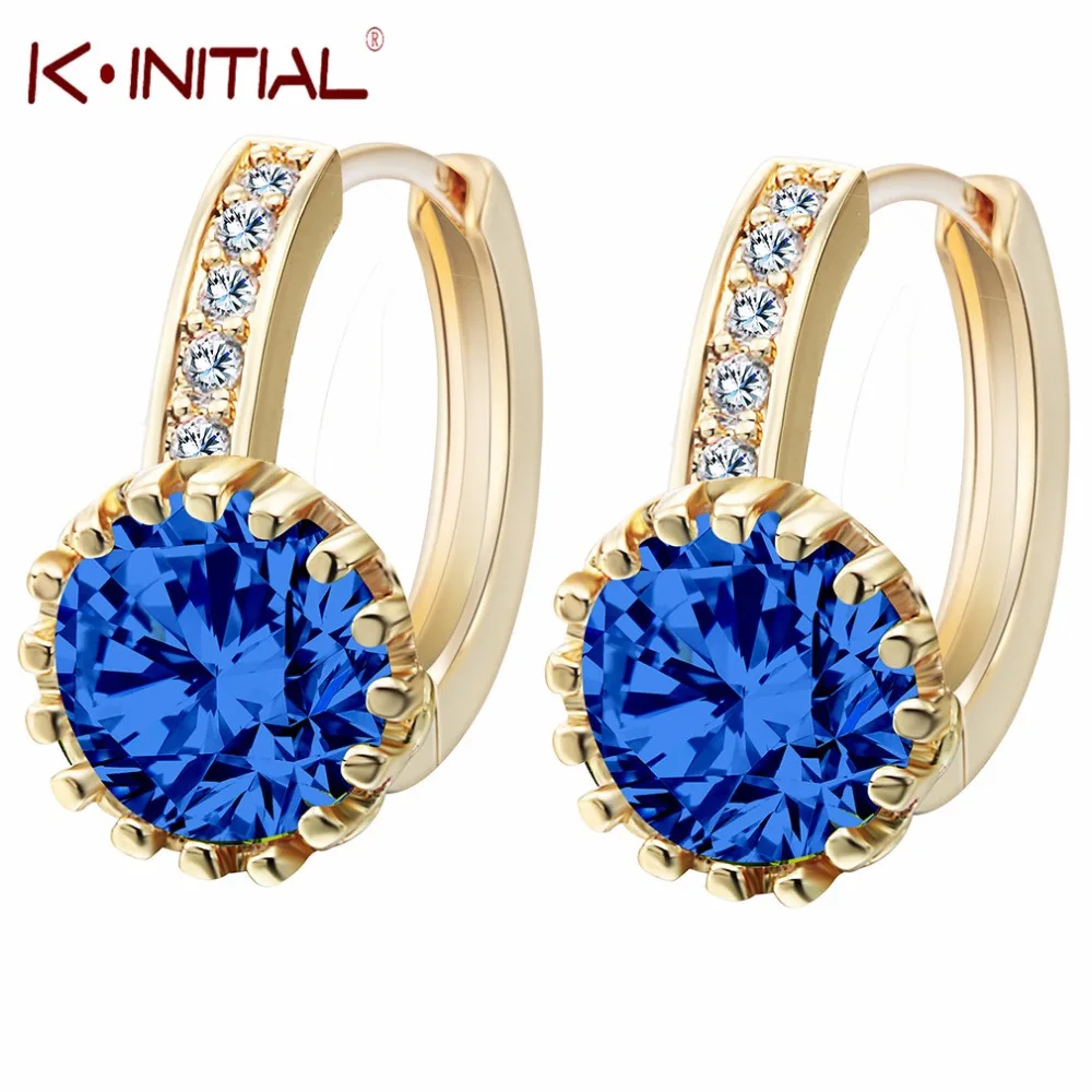 Женские серьги кольца Kinitial круглые с синим цирконием и кристаллом|hoop earrings for
