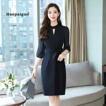 

Solid Plus Size Pencil Dress 2018 Womenautumn Black Half Sleeve O-neck Knee-length Elegant Office Lady Dress Vintage Club Dress