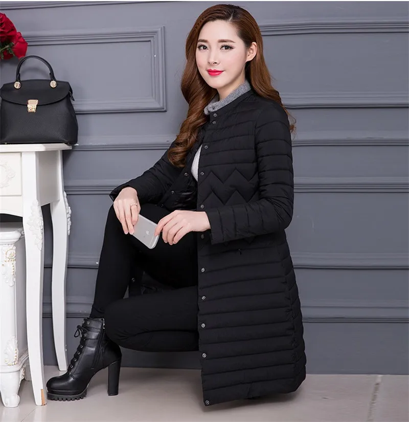Тонкий светильник, женские парки, Осень-зима, куртка с хлопковой подкладкой, тонкий женский пуховик, хлопковая куртка, плюс размер, зимнее длинное пальто N190 - Цвет: black