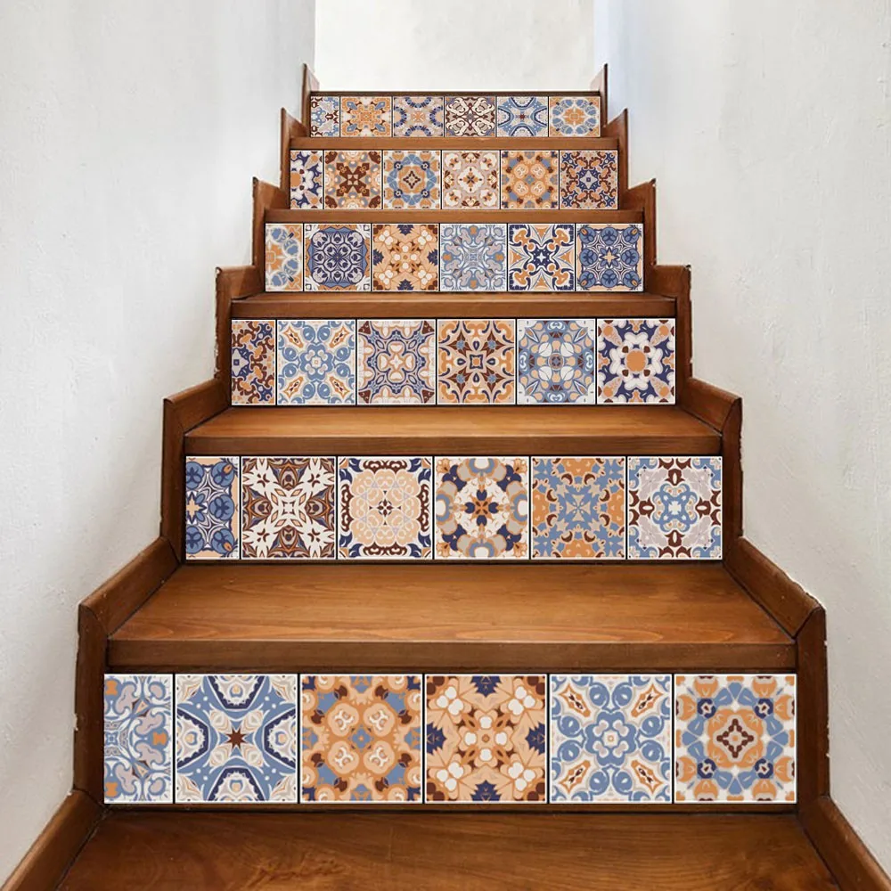 

6Pcs 18*100cm Wall Sticker Removable Stair Sticker PVC Ceramic Tiles Home Decor wall Sticker Patterns Flower