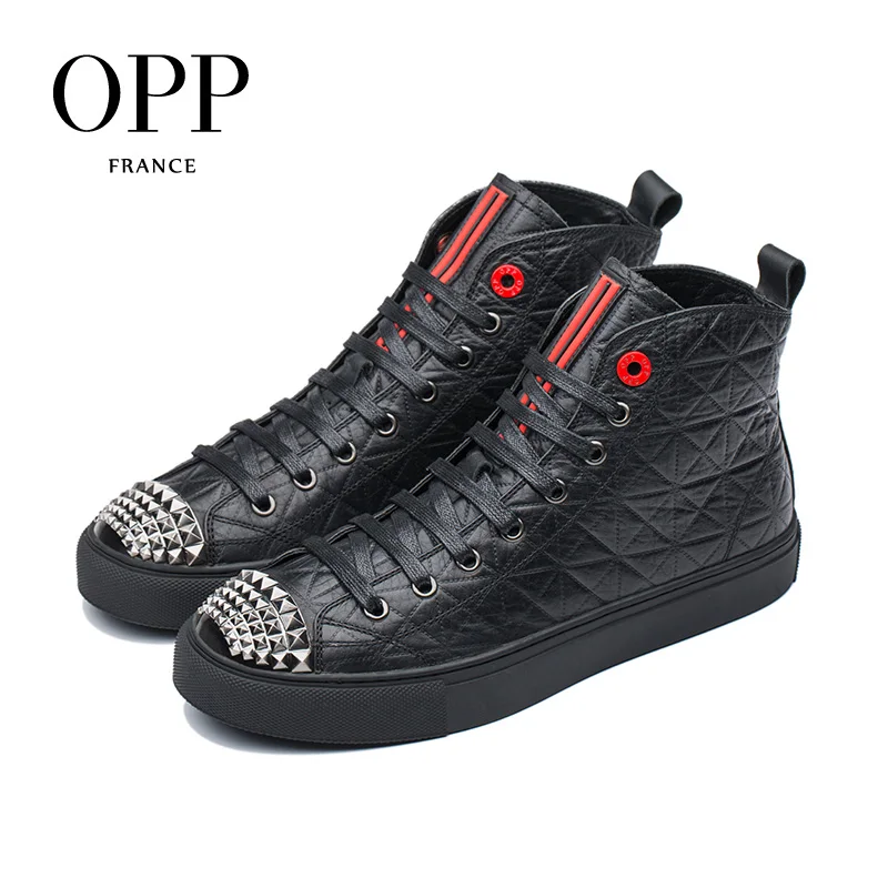 

OPP Men's Shoes Rivets High Shoes Personalized Wild Punk Metal Head Shoes Leather Casual Shoes Men's Lace-up Boots