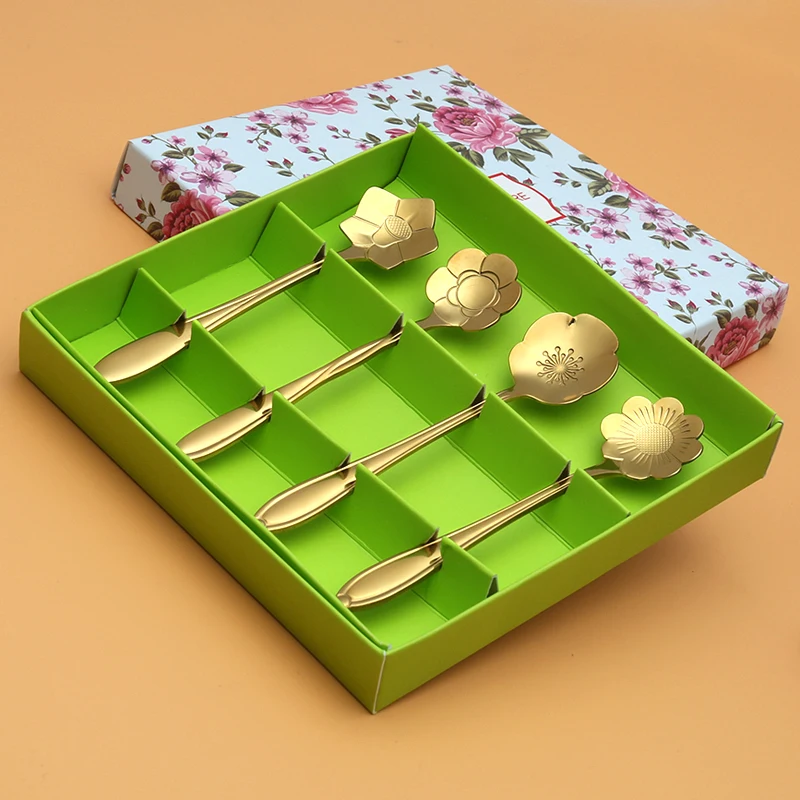 4pcs Stainless Steel Spoons with Gift Box Beautiful Flower Tea Coffee