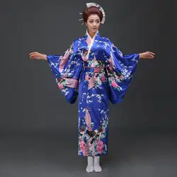 Синий Винтаж Японский для женщин кимоно атлас ванной платье юката с Оби костюмы Peafowl один размер WK004