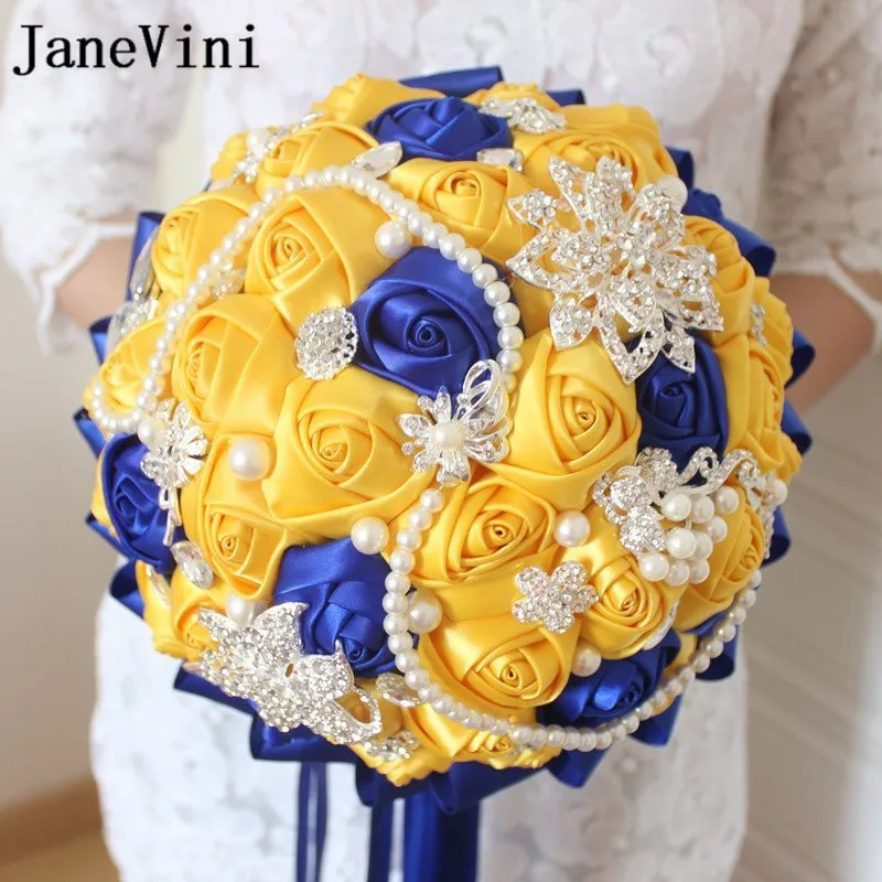 JaneVini Fleur Satin Yellow and Royal Blue Wedding Brooch Bouquet Bride Diamond Crystal Pearl Ribbon Rose Crystal Bridal Bouquet