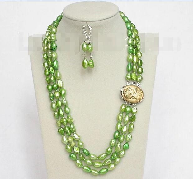 

shipping 3row 12mm baroque light green pearls necklace dangle Earring j8496 (A0423) -Bride jewelry free shipping