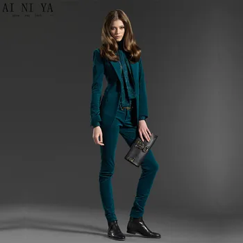 

Dark Green 2 piece set women velvet female business suit blazer with pant slim fit ladies office uniform formal trouser suit