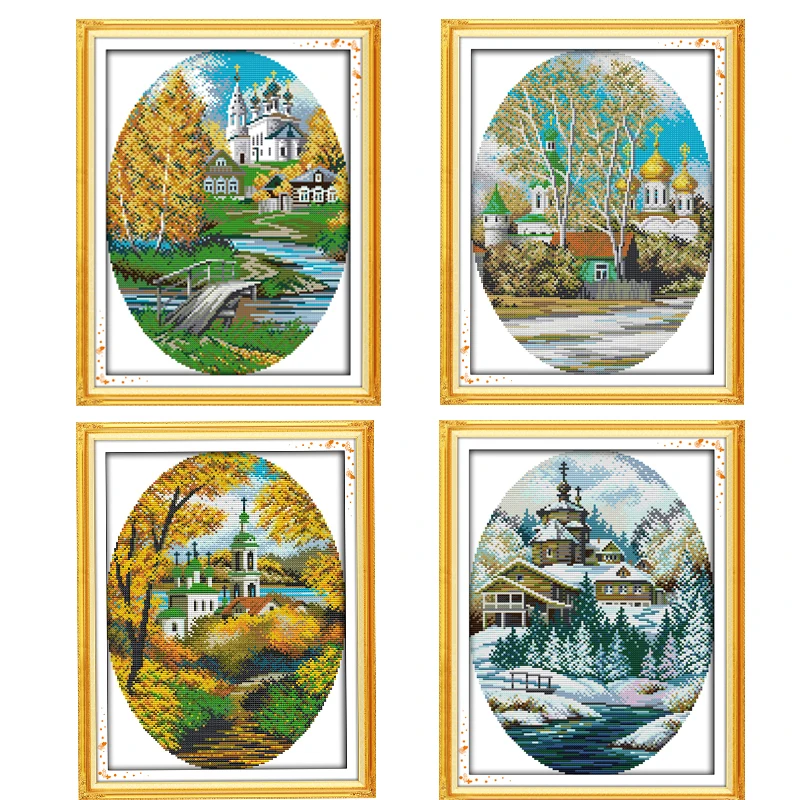 

Four Seasons scenery cross stitch handmade suite, spring, summer, autumn and winter coastal landscape embroidery Crafts hanging