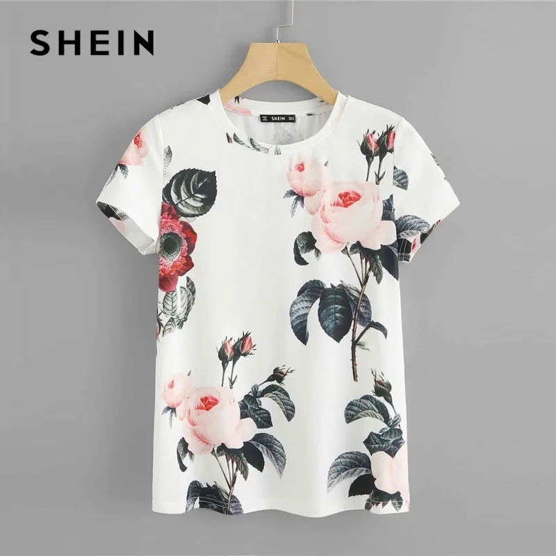 SHEIN, женская футболка с круглым вырезом и цветочным принтом,, Повседневная летняя футболка с коротким рукавом, белые женские топы на выход