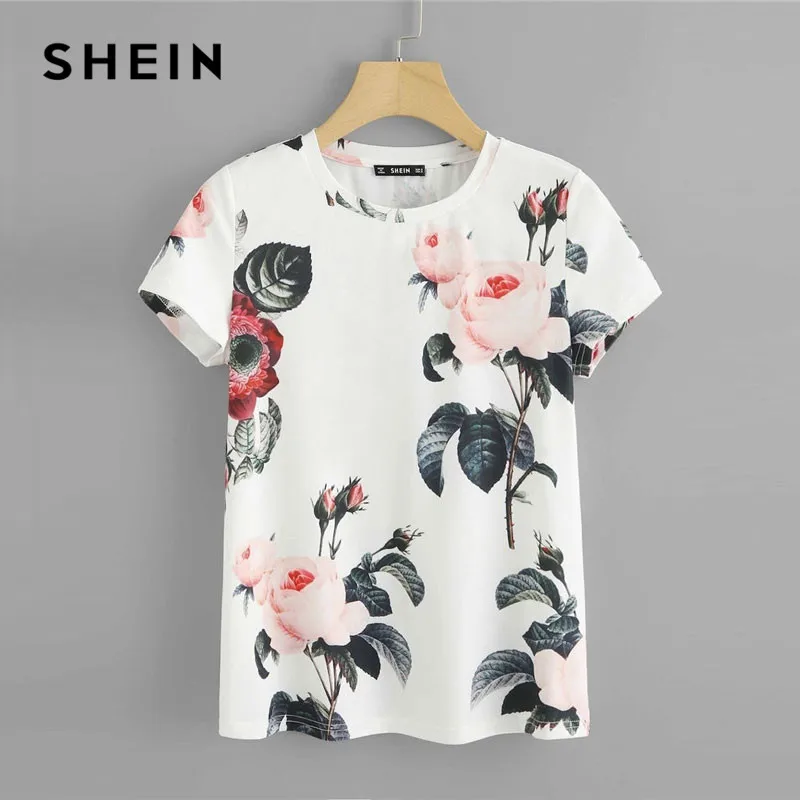 Buy Shein Flower Print Round Neck T Shirt Women 2019