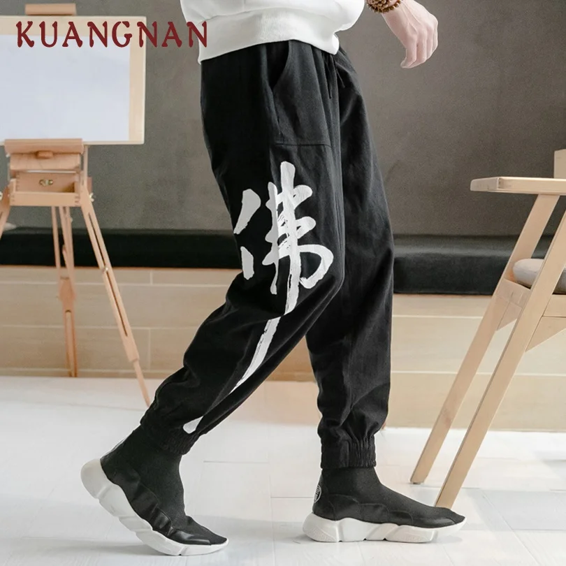 KUANGNAN/Хлопковые льняные брюки с принтом китайского Будды, Мужские штаны для бега, уличная одежда для бега, Мужские штаны в стиле хип-хоп, мужские брюки, весна - Цвет: Black