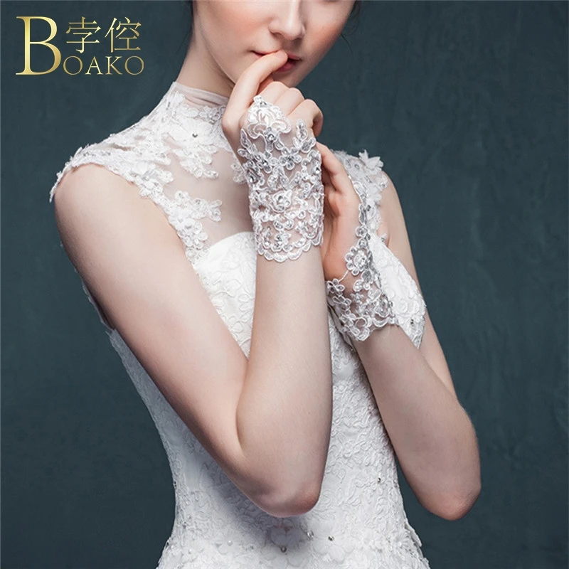 BOAKO Wedding Gloves White Bridal Gloves Fingerless Lace Ladies guantes de novia girl Sequin short luvas Wedding Accessories K5