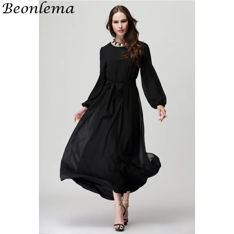 

Beonlema Chiffon Abaya Maxi Dress Long Muslim Kaftan With Slim Waist Belt Casual Islamic Dress Moroccan Caftan Double Layers