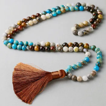 Natural Blue Imperial stone With Red creek Stone Bamboo Onyx Beaded Stone Tassel Charm Necklace Women Men 108 Mala Jewelry