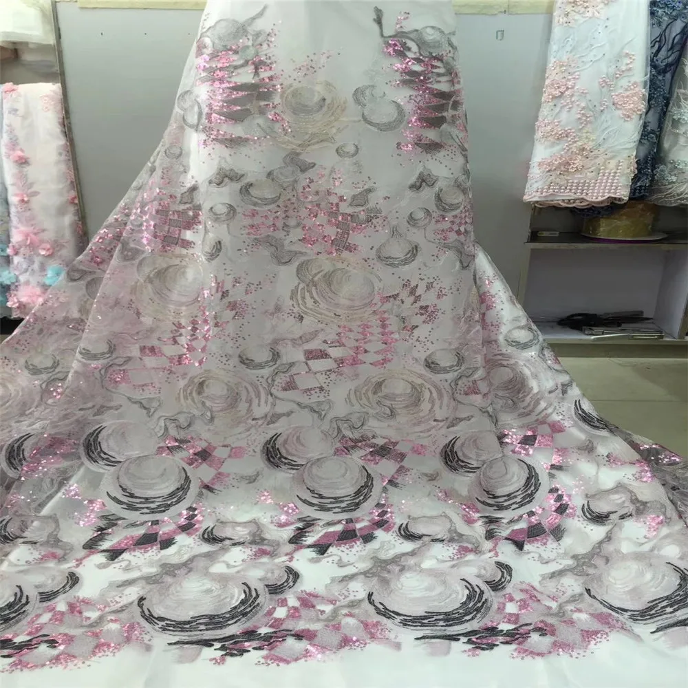 

Nigerian Embroidered Tulle lace fabric with sequins High quality sequined lace fabric in fashion for shining dress A528-1