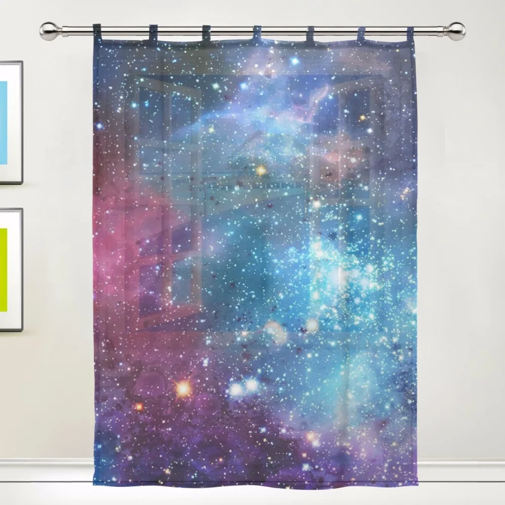 Pattern Floral Print Tulle Voile Door Window Room Sheer Curtain Drape Gauze Galaxy Space Nebula Star Universe Meteor