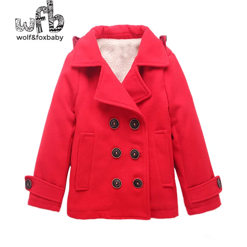Retail 3-10 years children coats Plus velvet thickening double breasted full-sleeves solid color kids spring autumn fall winter