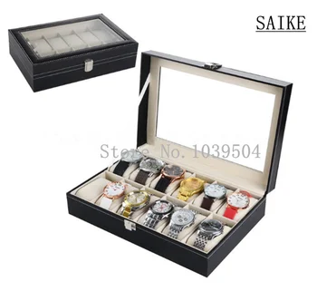 

Free Shipping Standard 12 Slots Leather Watch Display Box Black Watches Box Upscale Solid Watch Storage Jewelry Box