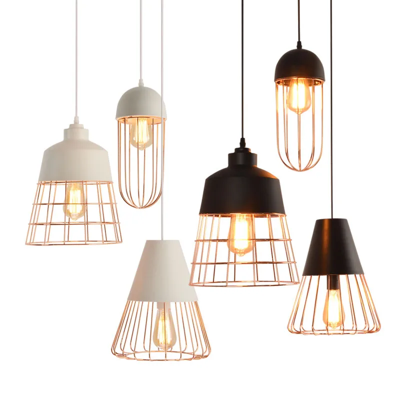 Contemporary Caged White Black Pendant Light Vintage Hanging Restaurant Pendant Lamp Home Lighting Fixture Dining Room Bar Lamps (2)