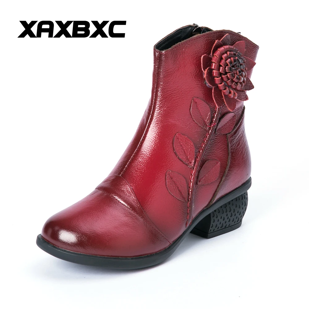 

XAXBXC Autumn Winter Retro Nations Wind Genuine Leather Short Boots Women Zipper Flower Handmade Casual Lady Plus Size Shoes
