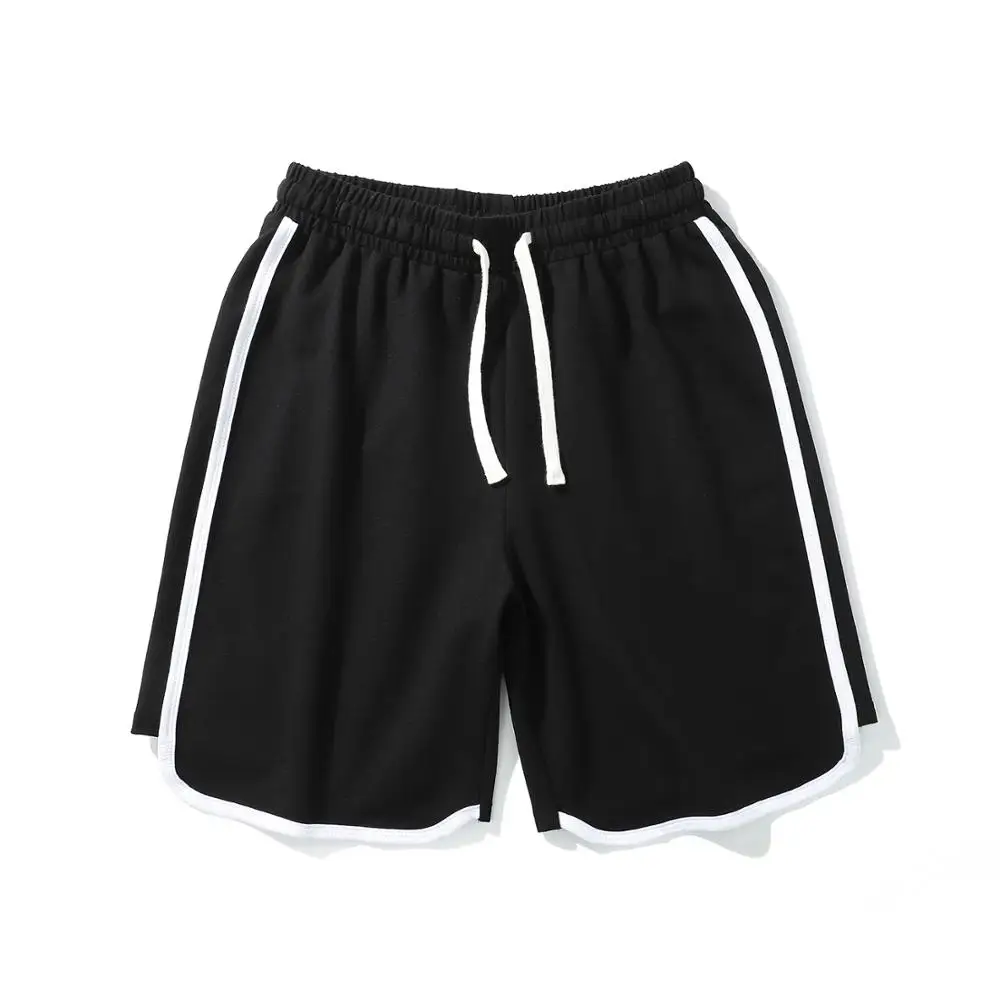 

Casual Beach Sweatpant Extended Hem Edge Side Stripe Streetwear Black Track Drawstring Elastic Waist Sportwear Men Shorts