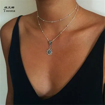 

Tocona Vintage Antique Silver Color Sunflower Pendant Choker Necklaces for Women Multi Layer Chain Necklace Collar Jewelry 2824