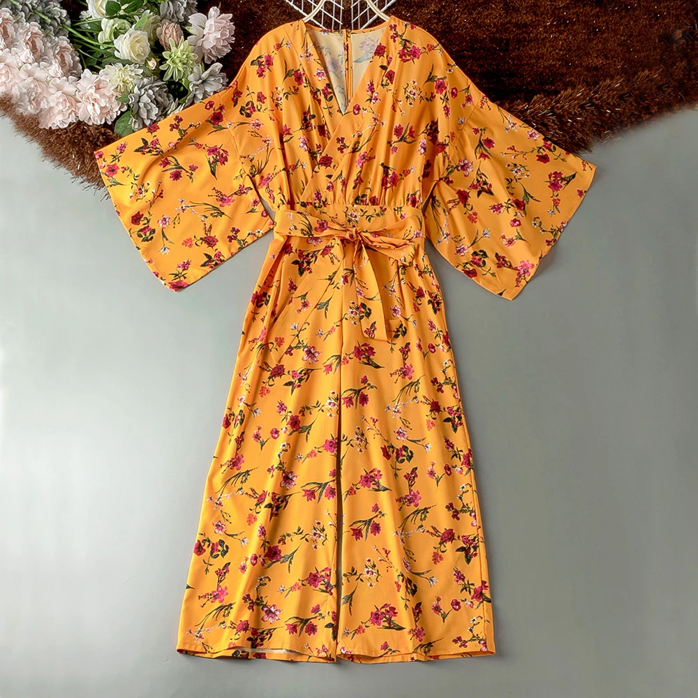 

Good Quality Flower Print Yellow Jumpsuit Belt Slim Wide Leg Jumpsuit With Kimono Prairie Chic Elegant Floral Jumpsuits Women