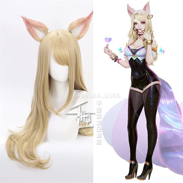 

Game Character KDA K/DA Ahri Cosplay Wigs 70cm with ears KDA Heat Resistant Synthetic Hair Perucas Cosplay Fox Wig + Wig Cap