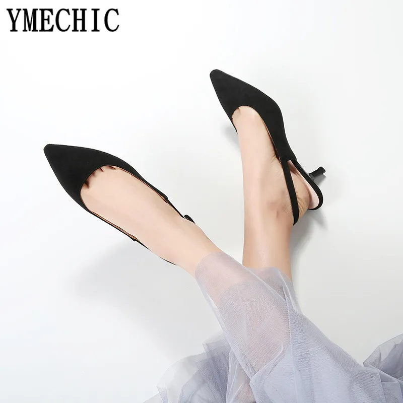 

YMECHIC plus size ladies shoes summer black beige suede flock slingbacks buckle strap casual womens high heels shoes pumps 2018