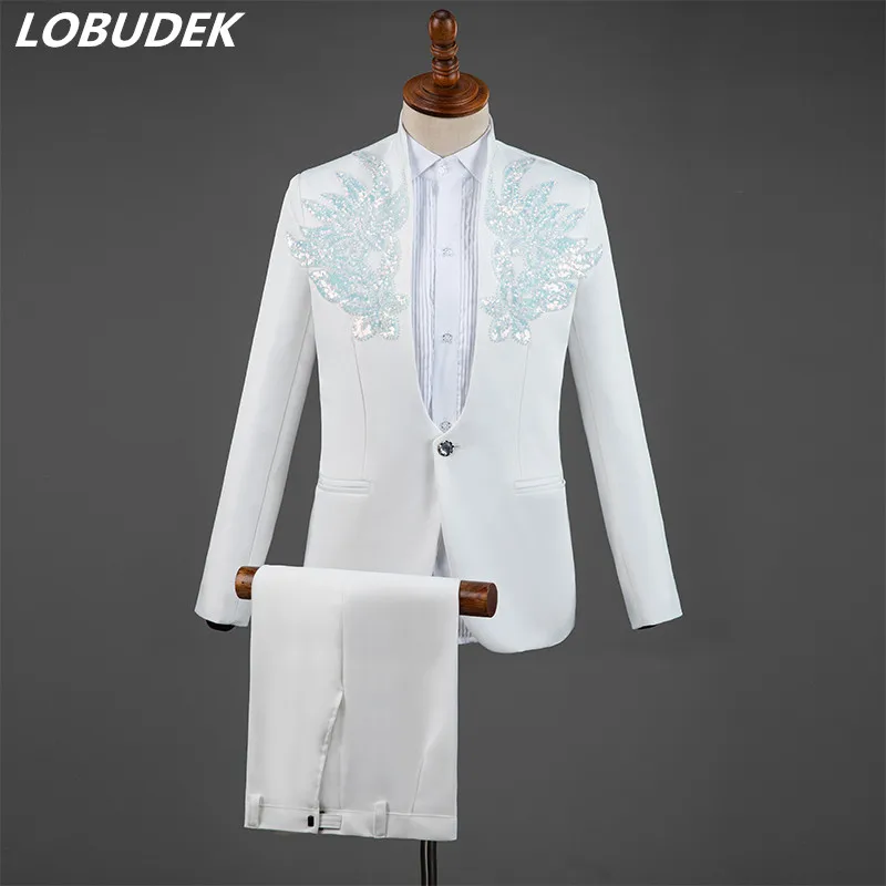 

White Black Sequins Embroidery Blazer Men's Suits Groom Wedding Dress Singer Host Performance Costume Stage Chorus Formal Suit