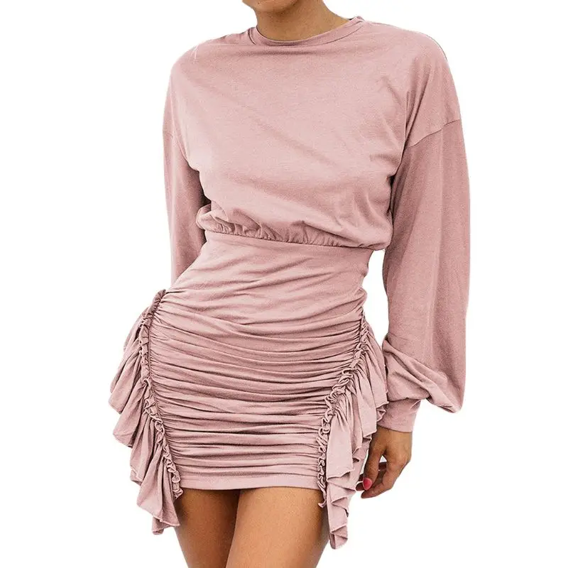 

Women Ladies Sexy Bodycon Dress Mini O-Neck Long Batwing Sleeve Frill Wrap Short Party Club Dress Women