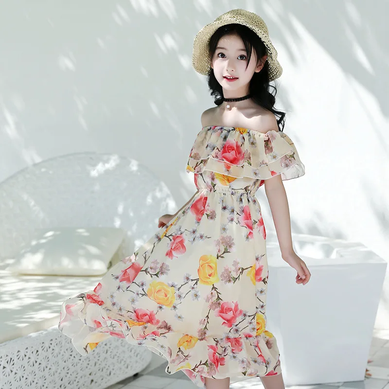 

Girls Dress Bohemia Summer Beach Sundress 2019 Princess Dress Chiffon Print Teenage Kids Dresses for Girls 5 7 9 11 13 14 Years