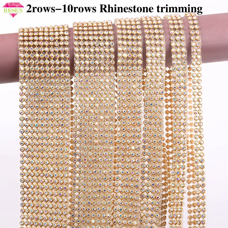 

RESEN 2Rows-10Rows Hotfix Gold Crystal AB Rhinestone Trimings Flatback Crystal Trims With Glue Gold Base Glass AB RhinestoneTrim