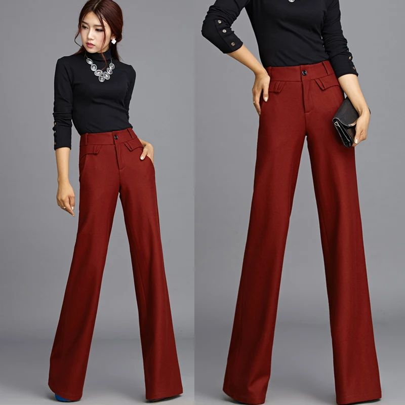 2016 New Winter Autumn Formal Womens Wine Red Wide Leg Trousers , Female Elegant Wool High Waist Pants For Woman