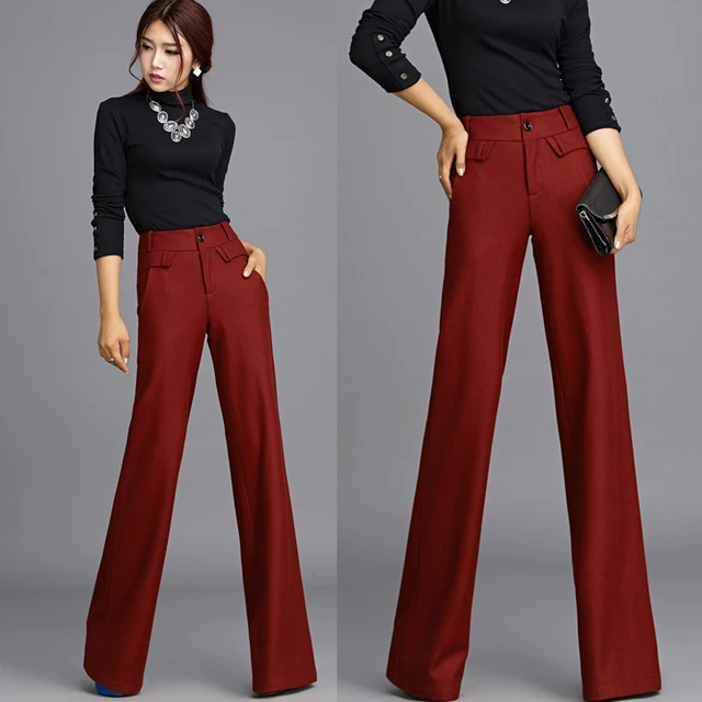 2016 New Winter Autumn Fashion Formal Womens Wine Red Woolen Wide Leg