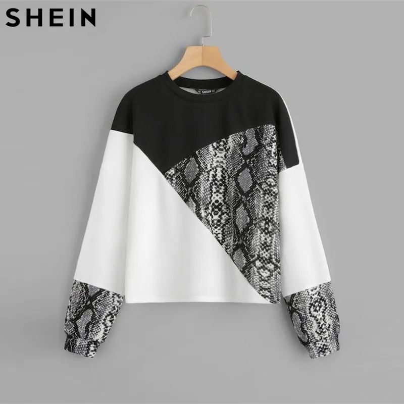 SHEIN اللون كتلة الأفعى الجلد Preppy البلوز جولة عنق طويل الأكمام البلوفرات المرأة الخريف متعدد الألوان بلوزات