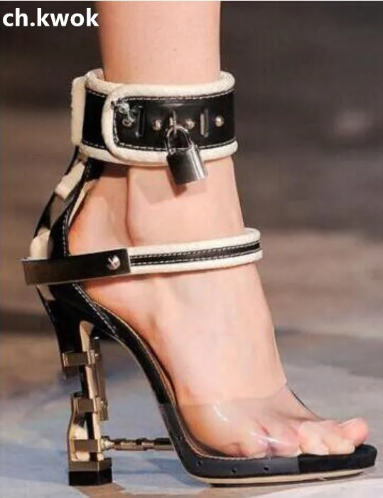 

CH.KWOK Female Wedding Shoe Gemstone Jeweled Gladiator Sandals PVC Jelly High Heels Woman Padlock Ankle Strap Rhinestone Sandals