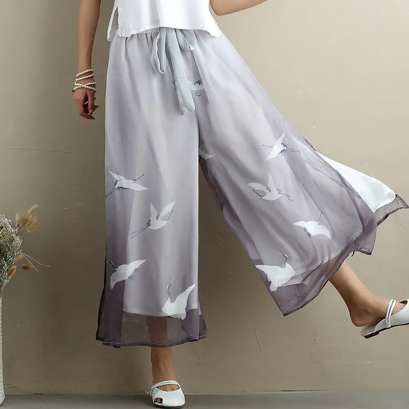 

2019 Women Crane Print Chiffon Wide Leg Pants Ankle-Length Lace Up Casual Pants Chinese Style Loose Femme Trousers