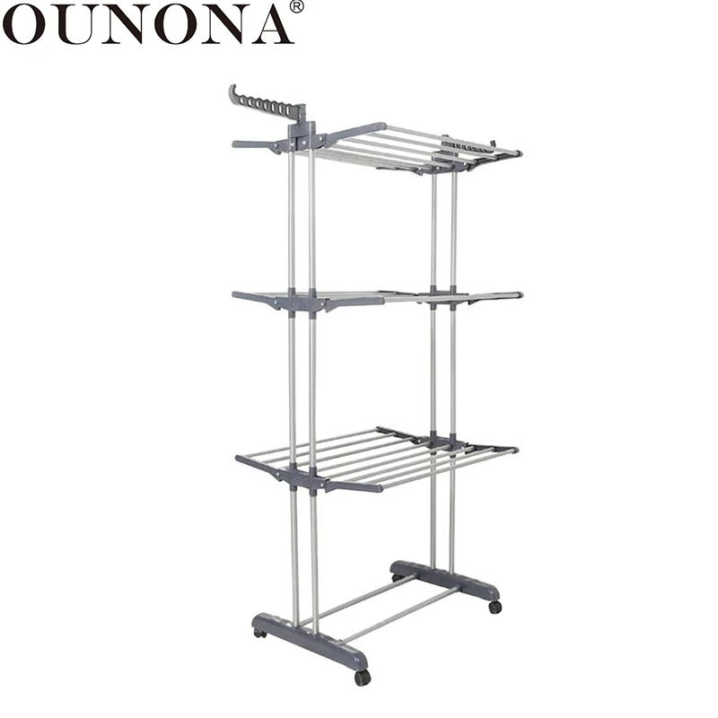 

OUNONA Folding Drying Dryer Rack Hangers 3 Tiers Clothes Laundry with Wheels Cloth Shoes Hanger
