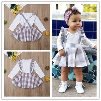 

Newborn Kids Baby Girls clothes Plaid strap Ruffle Skirts round neck long sleeve solid Bodysuit 2pc Toddler lovely Outfits