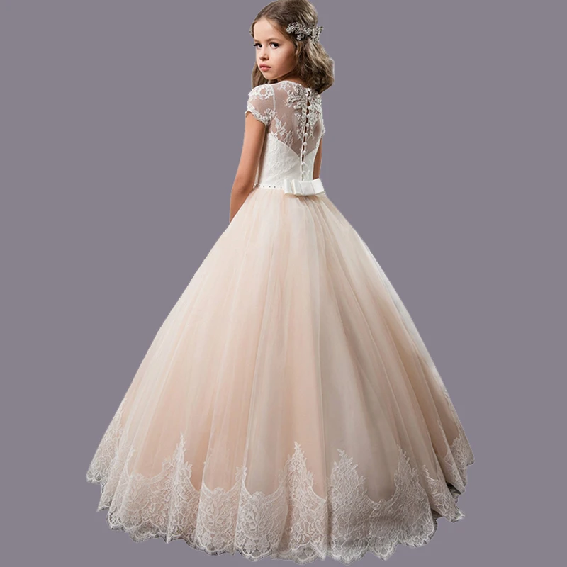 Vestidos de noiva/ г. Платье с короткими рукавами расшитое бусинами, с поясом и бантом, на пуговицах, детское платье для выпускного вечера, для Святого Причастия, вечерние платья для торжеств для малышей
