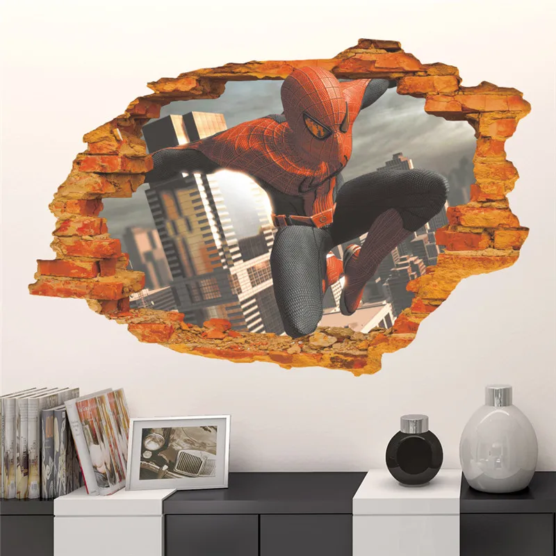 Cartoon Spiderman 3d Effect Broken Brick Wall Sticker For Kids Rooms