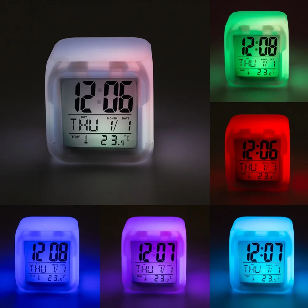 

Multifunction 7 Color Change LED Digital Alarm Clock With Date Alarm Thermometer Desktop Table Cube Alarm Clock Night Glowing