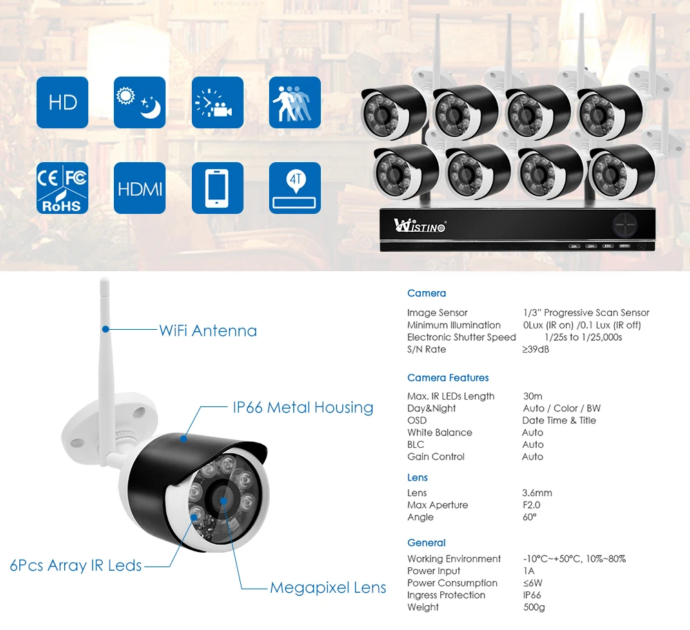 Wistino 8CH Wifi CCTV Camera HD 1080P System Security IP Camera Wireless NVR Kit Outdoor Waterproof Surveillance Kits P2P XMEye  (13)