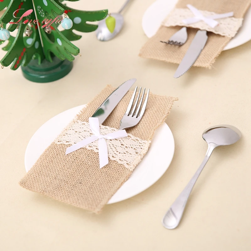 

3PCS/Lot Jute Lace Pockets Wedding Tableware Packaging Fork&Knife Holder Pocket DIY Home Wedding/Christmas Party Decoration
